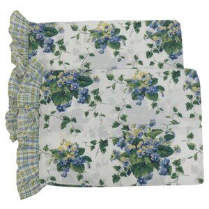 Waverly 2 Pillowcases Cottage Sweet Violets Blue Yellow Flower Check Ruffle USA